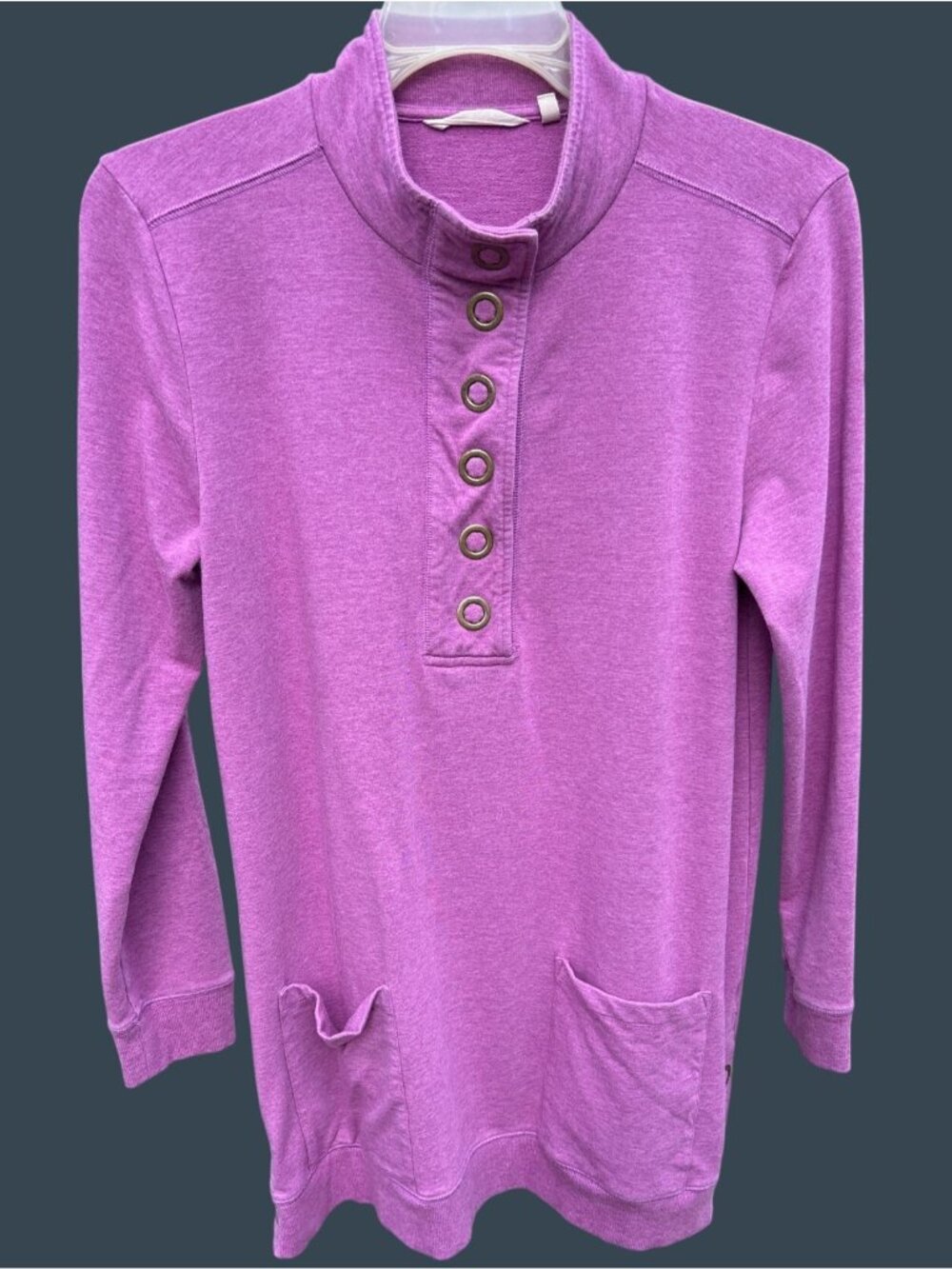 Soft Surroundings Womens Size M Purple Tunic Sweatshirt With Pockets Button Neck